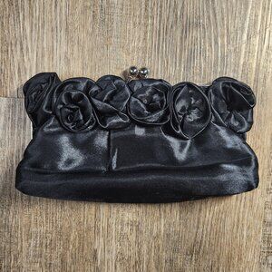 🖤 Elegant Evening Black Satin Rosette Evening Clutch Wedding Date Prom🌹